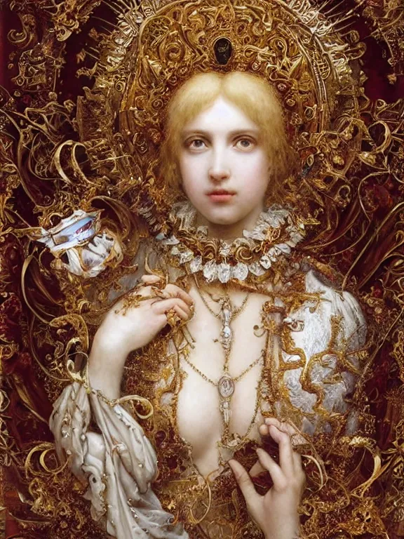 Image similar to a beautiful render of baroque catholic veiled the red queen and the white queen sculpture with symmetry intricate detailed,gemstone-embellished,by Lawrence Alma-Tadema, peter gric,aaron horkey,Billelis,trending on pinterest,hyperreal,jewelry,gold,intricate,maximalist,glittering,golden ratio,cinematic lighting