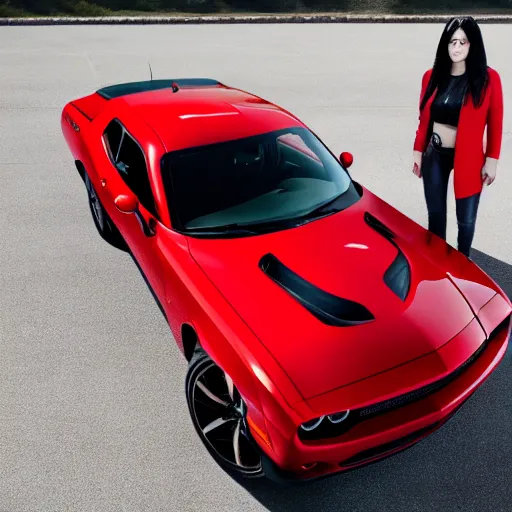 Prompt: woman with long black hair standing next to a red 2021 dodge challenger r/t, 8k, detailed face,