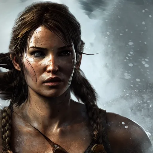 Prompt: Lara croft as viking, wet face , heavy rain ,dramatic, intricate, highly detailed, concept art, smooth, sharp focus, illustration, Unreal Engine 5, 8K