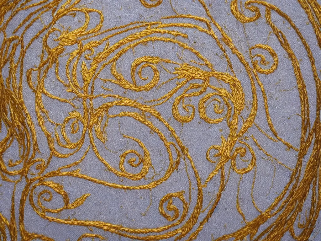 Prompt: heavenly sacred godly divine swirl art gold and white embroidery
