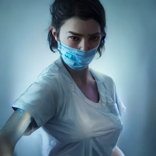 Image similar to epic portrait an female nurse with short sleeves and a mask holding a syringe, sweaty skin, hyperrealistic, expressive, emotional, moody, contre jour, octane render, cinematic, beautiful face and flawless skin, perfect hands, 5 fingers, by Edgar Maxence and Ross Tran and Michael Whelan, Legends of Runeterra
