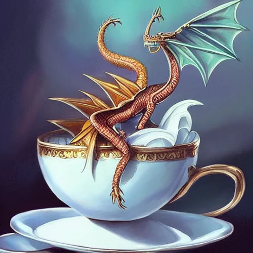 Image similar to tiny jeweled dragon sitting in a teacup, painting by artgerm