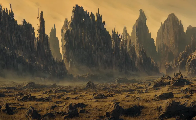 Image similar to flat wastelands, giant rock spikes, greg rutkowski, brom, james gurney, mignola, craig mullins, alan lee