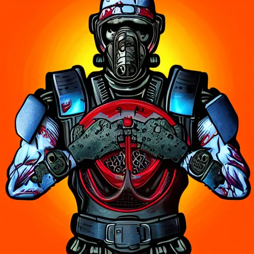 Image similar to a award winning action upper body portrait of nuke zombie with a mullet and breathing mask while wearing futuristic bodyarmor and pauldrons, outrun, vaporware, highly detailed, fine detail, intricate