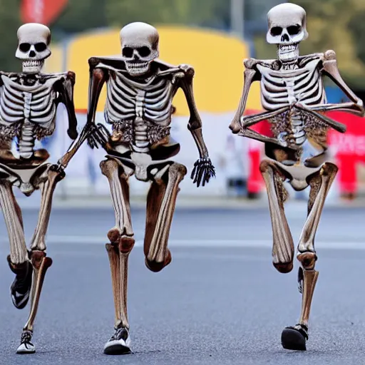 Prompt: A skeleton winning a marathon, a skeleton running in a marathon, highly detailed skeleton, skull, associated press photo, award winning photograph, dynamic pose, 8k, award-winning, sharp focus