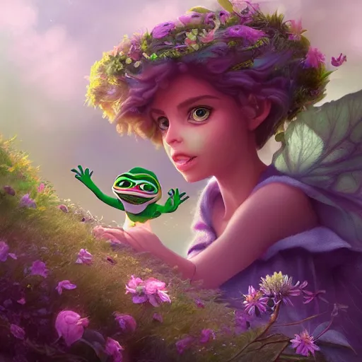 Prompt: the extremely beautiful digital painting of the most beautiful pepe the frog, brilliant wings, gradually changing color hair, everything grows, nature, pixie, spring flowers, wind blowing,, cinematic lights, vivid lighting, fantasy, by tuomas korpi and greg rutkowski and jonas de ro
