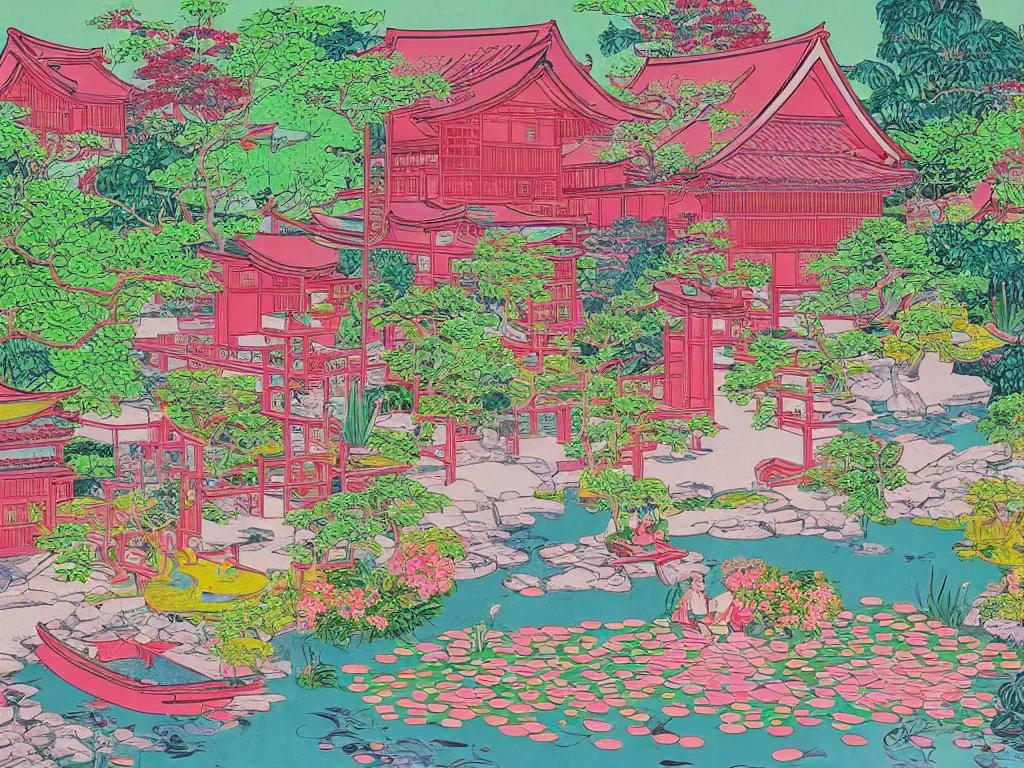 Image similar to image of a traditional japanese house with a garden, a pond in the garden, pink children are sitting around it, a combination of pop art and traditional japanese painting styles, the style of andy warhol, roy lichtenstein and jackie tsai, bright palette, acrylic on canvas