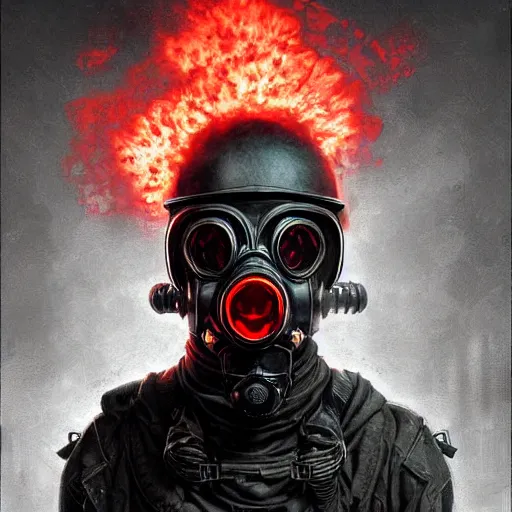 Image similar to commission of a man wearing a black helmet and a black gas mask,red glowing eyes,digital art,crazy detail,hyperdetailed,hyperrealistic,photorealistic,art by greg rutkowski,trevor henderson,artstation,deviantart,eerie,western comic style,comic,sharp lineart,face on fire