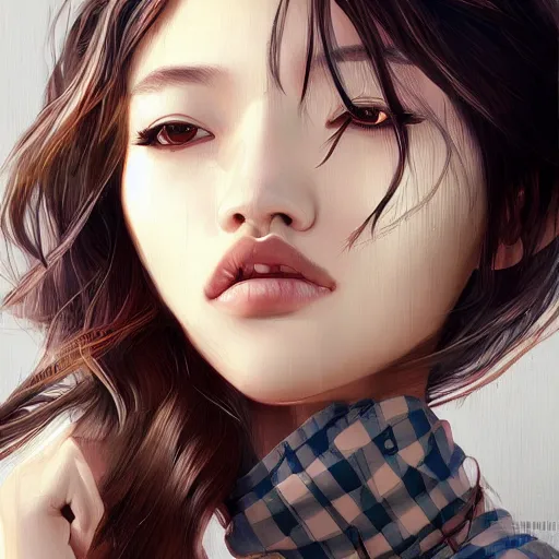 Prompt: a beautiful korean woman with wide sultry hazel eyes and brown hair, wearing plaid pleat shorts and drawstring shirred tube top, stunning, highly detailed, digital painting, artstation, hard focus, art by artgerm and wlop