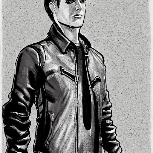 Image similar to character concept art of handsome butch princely heroic square - jawed emotionless serious blonde woman aviator, with very short butch slicked - back hair, wearing brown leather jacket, standing in front of small spacecraft, illustration, science fiction, highly detailed, ron cobb, mike mignogna