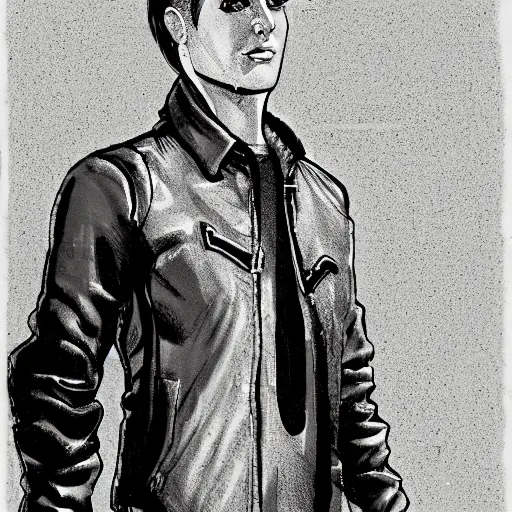 Prompt: character concept art of handsome butch princely heroic square - jawed emotionless serious blonde woman aviator, with very short butch slicked - back hair, wearing brown leather jacket, standing in front of small spacecraft, illustration, science fiction, highly detailed, ron cobb, mike mignogna