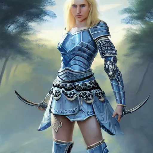 Image similar to young blonde female warrior in heavy blue and white armor, very beautiful and proportional face, surrounded by rabbits and exotic creatures, epic wallpaper, wide shot, high fantasy, flowers and trees, intricate detail, digital painting, artstation, concept art, smooth, sharp focus, illustration, art by monia merlo and wlop and artgerm and craig mullins