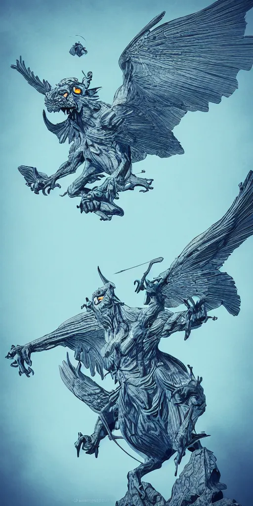 Image similar to highly detailed beautiful photography of flying gargoyle, sharp focus, dynamic lighting, elegant, harmony, beauty, masterpiece, by roberto ferry, illustration, blue background