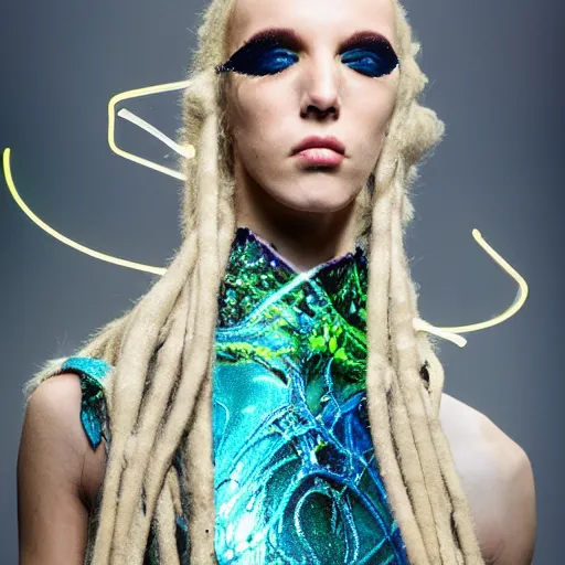 Image similar to haute couture, iris van herpen, mugler, techno mystic, inanna ashteroth with aqua neon rapunzel dreadlocks, nautical siren, princess intergalactica, gateway to futurisma