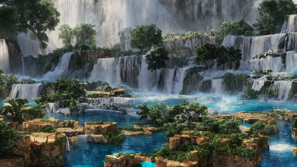 Image similar to ancient greek marble city in the clouds surrounded by a giant waterfalls, gold trimmings, clear blue water fountain, vines and blue foliage, matte painting, octane render, cinematic camera, bloom, blizzard cinematic,