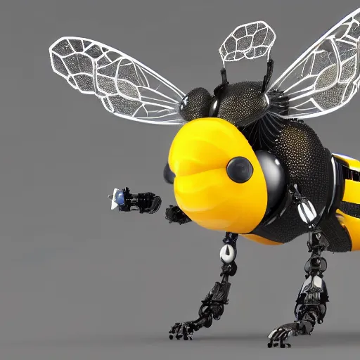Prompt: a crisp 3 d render of a robot bee made of circuits, wide view shot, flowers