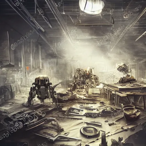 Image similar to cutlery mecha, dark messy smoke - filled cluttered workshop, dark, dramatic lighting, orange tint, cinematic, highly detailed, sci - fi, futuristic, movie still