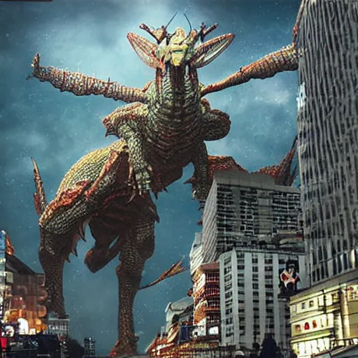 Prompt: giant insect kaiju with wings destroying a city, photo realistic, hyper realistic, extremely detailed