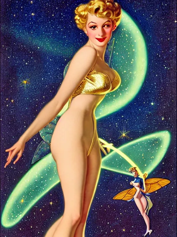 Image similar to Diana argon as tinkerbell glowing, a beautiful art nouveau portrait by Gil elvgren and Hajime Sorayama, moonlit starry sky environment, centered composition, defined features, golden ratio, gold jewlery, photorealistic professionals lighting, cinematic, sheer