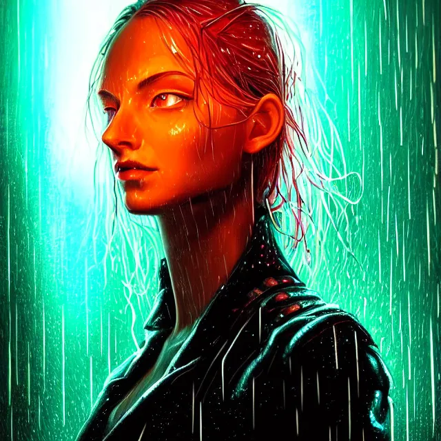 Image similar to bright asthetic portrait LSD glowing backlit rain on face and wet hair, cyberpunk, overhead lighting, fantasy, intricate, elegant, dramatic lighting, highly detailed, lifelike, photorealistic, digital painting, artstation, illustration, concept art, smooth, sharp focus, art by John Collier and Albert Aublet and Krenz Cushart and Artem Demura and Alphonse Mucha