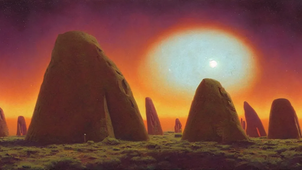 Image similar to mysterious megaliths of an alien civilization by paul lehr and john schoenherr, cinematic matte painting