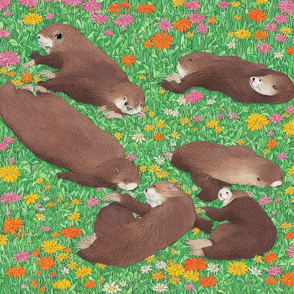 Image similar to a color manga illustration of an otter and a sloth lying in a field of wildflowers and eating sushi. the view is top down. his mood is one of delicious bliss. the image is illustrated in high colorful detail by masashi kishimoto and is very very very detailed.