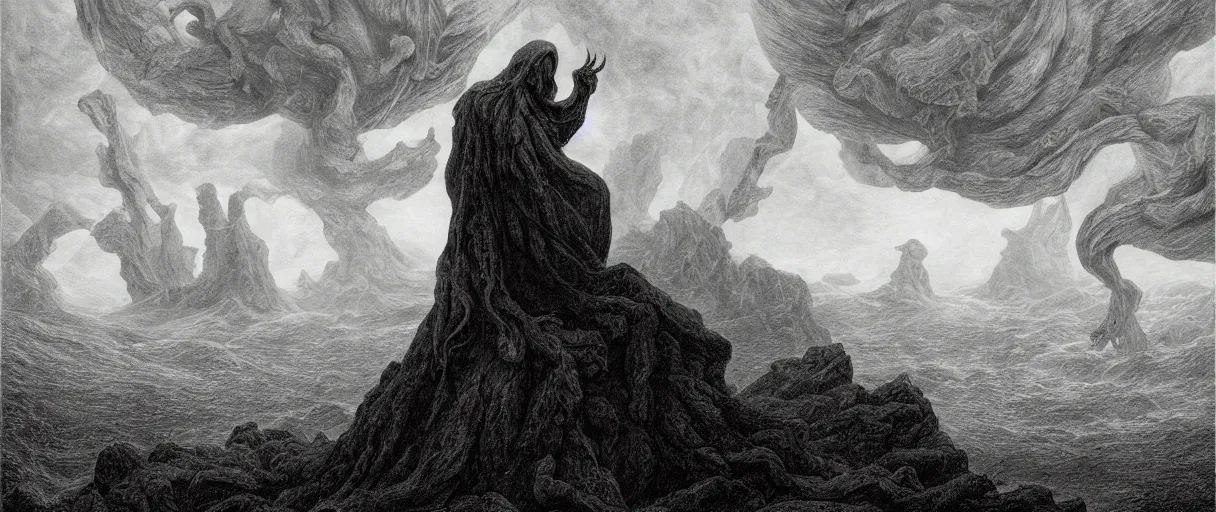 Image similar to an engraving portrait of cthulhu, caspar david friedrich, foggy, depth, strong shadows, stormclouds, illuminated focal point, highly detailed