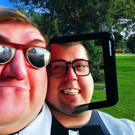 Image similar to modern color fine details iphone 1 2 pro selfie photograph of peter griffin taking a selfie in a park on an iphone 1 2 pro, peter griffin, modern hd cell phone photograph in color, instagram