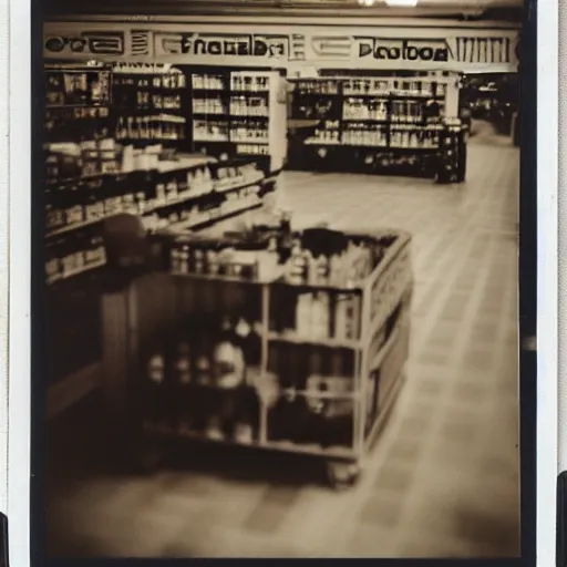 Prompt: Vintage Photograph of a futuristic time machine inside of a grocery store, shallow depth of field, awkward, out of place, polaroid 600 Color