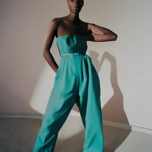 Image similar to realistic photoshooting for a new balenciaga lookbook, color film photography, portrait of a beautiful woman, woman is wearing a jumpsuit, in style of Tyler Mitchell, 35mm,