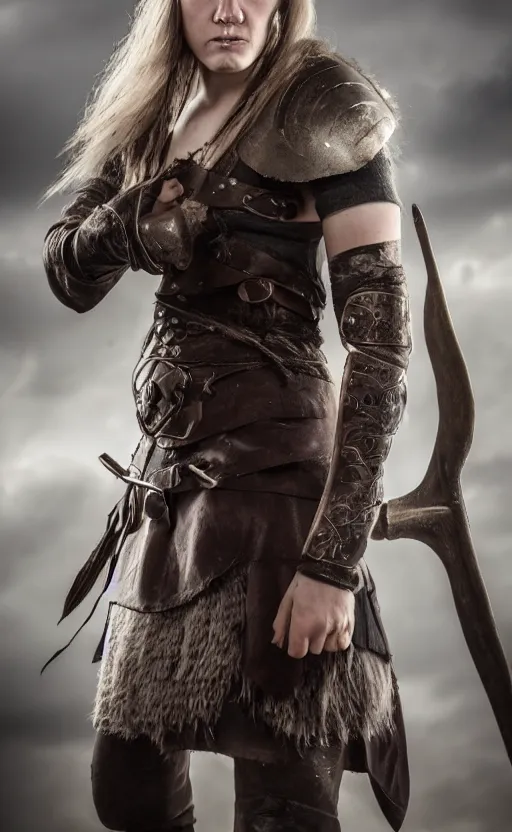 Image similar to photorealistic portrait of female viking warrior with black hair and bloody nose, blue eyes, porcelain skin, shoulders, determined