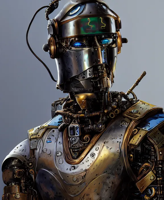 Prompt: a portrait of a cybernetic warrior with steampunk armour and a futuristic helmet with a cybernetic visor by Moebius, 4k resolution, photorealistic