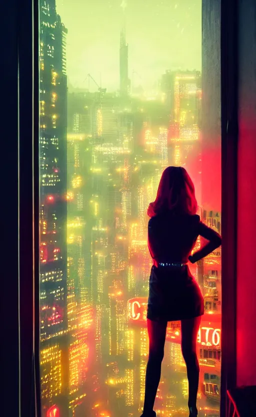 Prompt: realistic vertical photo, girl in 7 0's retro club, editorial, fashion, neon - decorated urban on night in the city seen through window, realistic, modern design, vintage, night, blade runner, dark, clean lines, asian futuristic city at distance, big windows, octane, wide angle