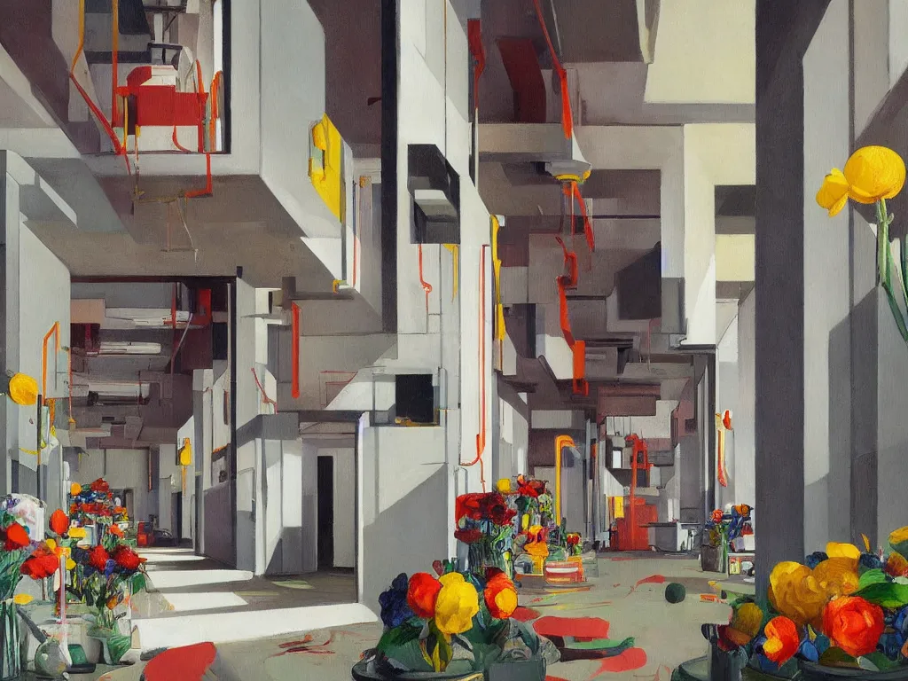 Prompt: colorful minimalist industrial interior hallway with monolithic pillars in the style of ridley scott and stanley kubrick, impossible stijl architecture, bed of flowers on floor, brutalist, ultra wide angle view, realistic detailed painting by edward hopper