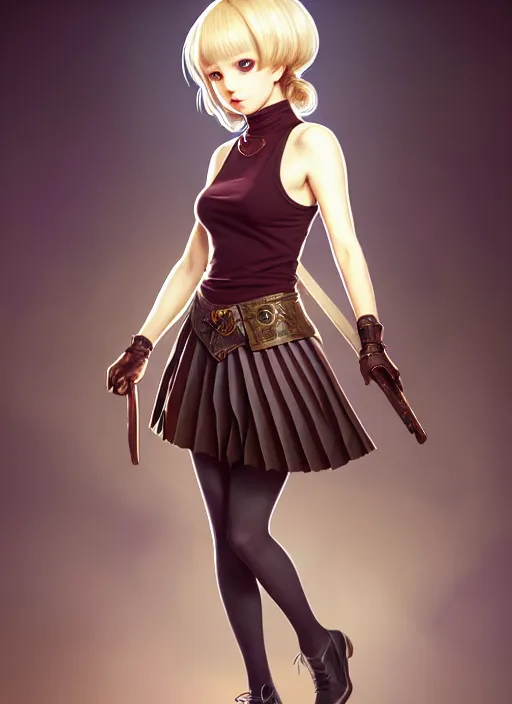 Image similar to portrait of a full body of beautiful young female detective, d & d, sleeveless turtleneck, pleated skirt, fantasy, flat lighting, intricate, highly detailed, digital painting, artstation, concept art, smooth, sharp focus, illustration, misa amane, art by simon bisley and greg rutkowski and alphonse mucha, natural tpose