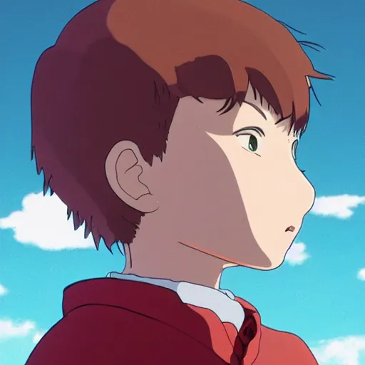 Prompt: Boy with neutral face, sky red, made by Studio Ghibli, back light, highly detailed art, beautiful scene, sharp focus, smooth, 8k