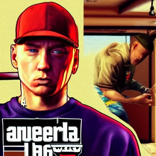 Image similar to eminem in gta v, cover art by stephen bliss, loading screen, box art