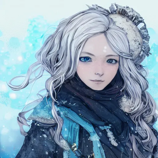 Prompt: highly detailed portrait of a pretty frostpunk mage lady with wavy blonde hair, by Dustin Nguyen, Akihiko Yoshida, Greg Tocchini, Greg Rutkowski, Cliff Chiang, 4k resolution, nier:automata inspired, bravely default inspired, vibrant but dreary blue, brown, black and white color scheme!!! ((Ice and snow covered background))