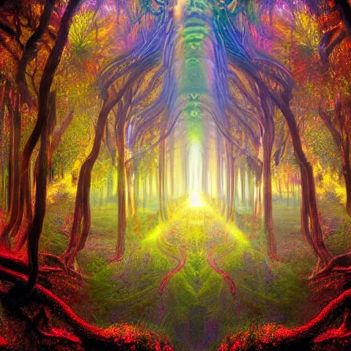 Image similar to psychedelic flowing illusion illusionary visionary immensely beautiful forest of intertwined trees and breathing living knowledge, by tyler edin and luke brown albert bierstadt and salvador dali hyperrealism photo - realistic photography volumetric lighting heavenly intricate