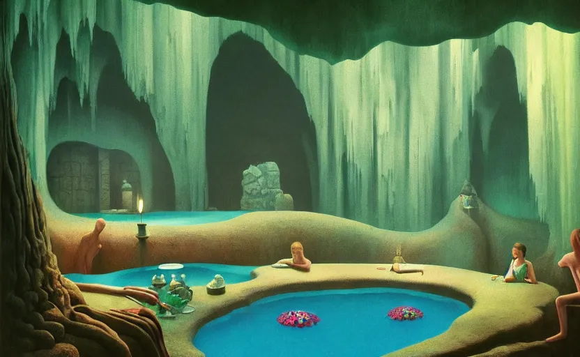 Image similar to detailed interior of cozy hotsprings hidden inside a cave, small waterfalls, lush vegetation, flowers, towels, plates of fruit, candlelight, Edward Hopper and James Gilleard, Zdzislaw Beksinski, Mark Ryden, Wolfgang Lettl highly detailed, hints of Yayoi Kasuma