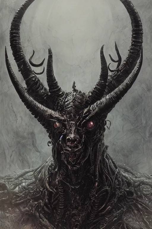 Prompt: portrait of the black goat of shub niggurath by hr giger, greg rutkowski, luis royo and wayne barlowe as a diablo, resident evil, dark souls, bloodborne monster