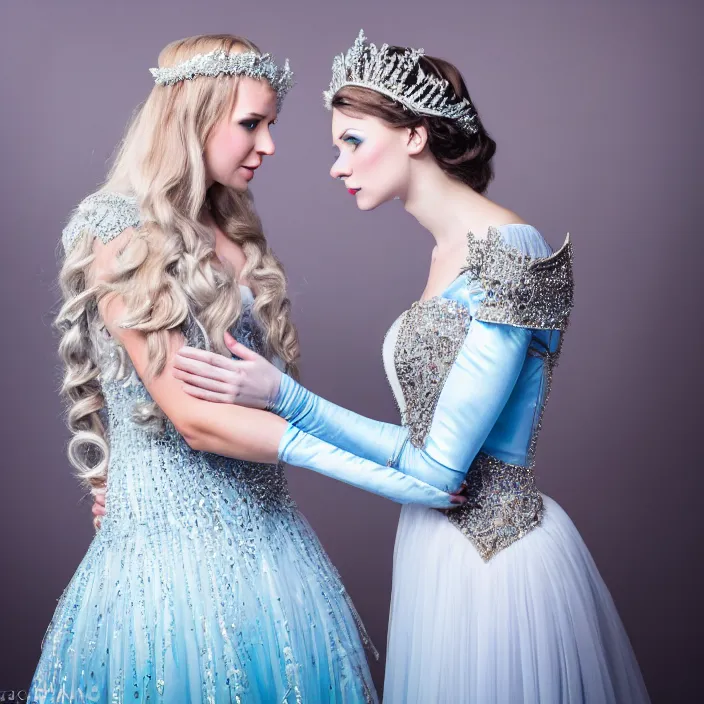 Image similar to photograph of a real-life beautiful ice queen in ornate dress comforting a woman. 8k