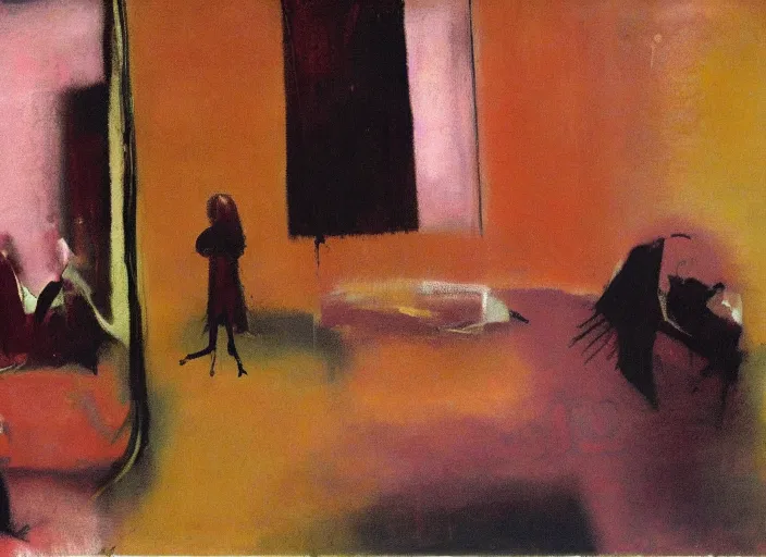 Prompt: lovers collapsed in a the cafe void, curtains, college girls, couches melting, John Singer Sargant, painted by Francis Bacon, style of Adrian Ghenie, 8k, vibrating eerie colors of Mark Rothko