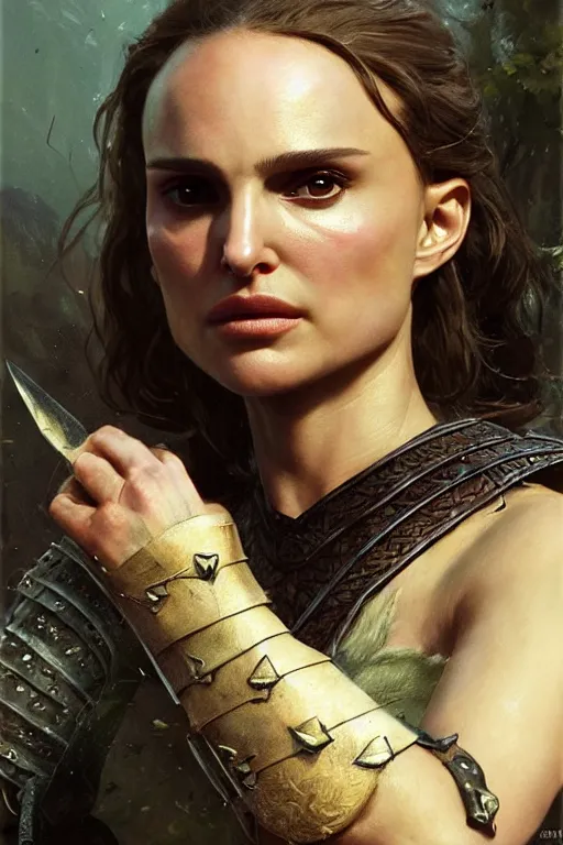 Image similar to natalie portman, legendary warrior, heroic, lord of the rings, tattoos, decorative ornaments, battle armor, by carl spitzweg, ismail inceoglu, vdragan bibin, hans thoma, greg rutkowski, alexandros pyromallis, perfect face, fine details, realistic shading photorealism