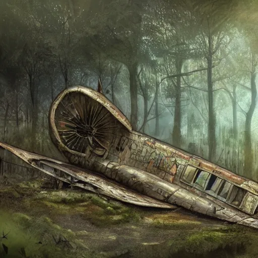 Image similar to an old plane crashed on a hill, there is a forest in the background, texture, intricate, details, highly detailed, masterpiece, architecture, building, trending on artstation, focus, sharp focus, concept art, digital painting, fantasy, sunny, day, midday