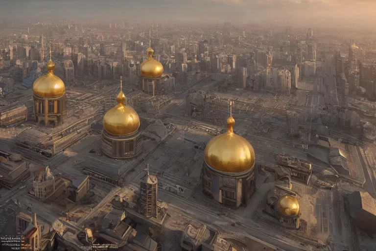 Image similar to dystopian russian cityscapes, golden domes, 8k, hyperrealistic, ultra sharp, octane render, unreal engine, light breaks through the roofs, artstation, very detailed, 16k, cinematic scenery,