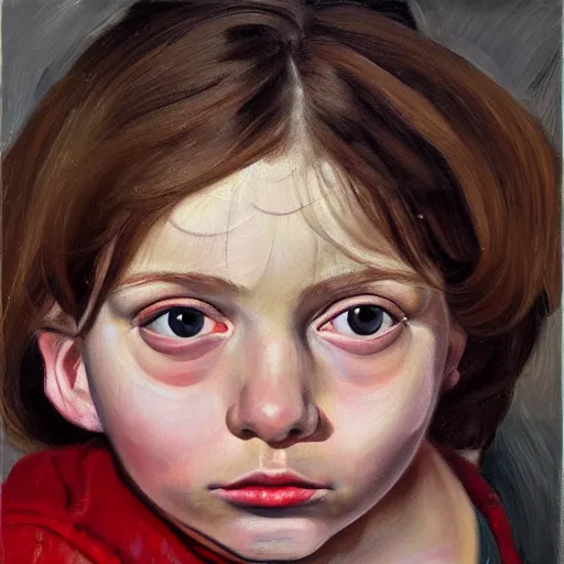Prompt: high quality high detail painting by lucian freud, hd, beautiful young girl portrait, big eyes, alizarin crimson and white, photorealistic lighting