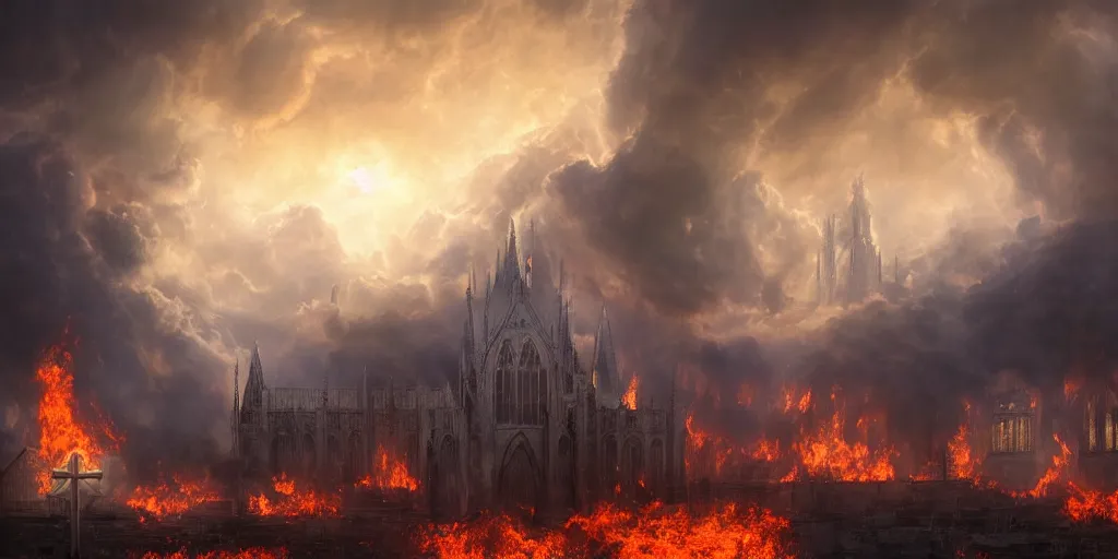 Prompt: an epic matte painting of heaven versus hell, a big church burning in the middle of the frame, master shot, massive, cinematic lighting, high definition, symmetrical, clouds, darkness, 8 k