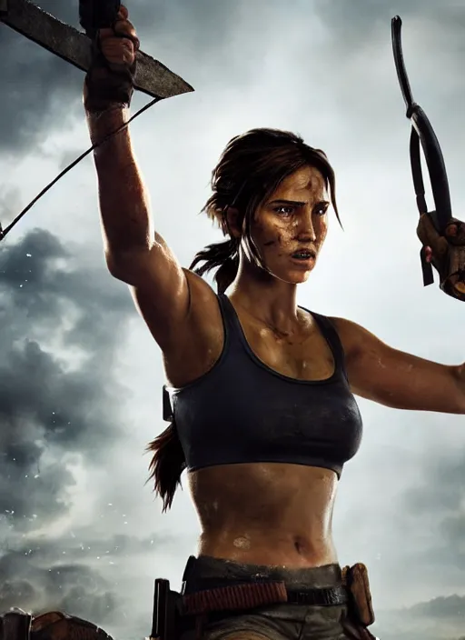 Prompt: a film still of lara croft as blacksmith, her face flushing and sweat, direct sun light, close up potrait, cinematic,