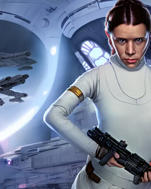 Image similar to portrait of young princess leia on the millennium falcon, star wars, gta v, hyper realistic, glamorous pose, ambient lighting, concept art, intricate, hyper detailed, smooth, action, volumetric lighting, george lucas, arney fretag, ralph mcquarrie, octane